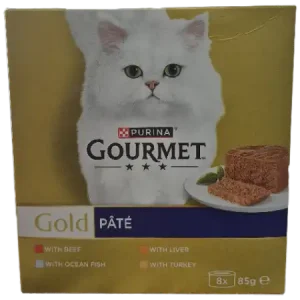 gourmet 85g بسته متنوع ۸ عددی کنسرو گورمت گلد با ۴ طعم متفاوت شامل مرغ و جگر، ماهی اقیانوس، بوقلمون و گوشت گاو، یک انتخاب عالی برای ایجاد تنوع در وعده‌های غذایی گربه شماست