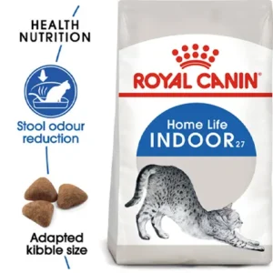 royal canin indoor home طراحی شده مخصوص گربه‌های بالغی که در محیط بسته (آپارتمان) زندگی می‌کنند. کاهش بوی مدفوع: فرموله شده با پروتئین‌های بسیار قابل هضم (L.I.P.) و فیبرهای خاص برای کاهش حجم و بوی نامطبوع مدفوع. دفع آسان گلوله‌های مویی: حاوی فیبرهای اختصاصی (از جمله پسیلیوم) که عبور موهای بلعیده شده از دستگاه گوارش را تسهیل کرده و از تشکیل هیربال جلوگیری می‌کند. اندازه و شکل تطبیقی دانه: دانه‌ها به گونه‌ای طراحی شده‌اند که گربه به راحتی آنها را بگیرد و بجود و جویدن آنها به کاهش پلاک دندانی کمک می‌کند. حفظ وزن ایده‌آل: دارای سطح انرژی متعادل (چربی ۱۳٪، پروتئین ۲۷٪) برای مدیریت وزن در گربه‌های کم‌تحرک. سلامت مجاری ادراری: با کنترل دقیق مواد معدنی به حفظ سلامت سیستم ادراری کمک می‌کند. بدون رنگ‌ها و مواد نگهدارنده مصنوعی.