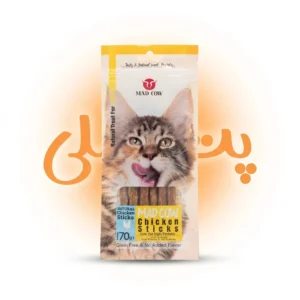 Mad Cow Chicken Sticks تهیه‌شده از مرغ طبیعی و خوش‌خوراک مناسب گربه‌های بالغ به‌عنوان تشویقی روزانه بدون غلات و با هضم آسان‌تر بدون طعم‌دهنده افزوده و مناسب تغذیه سالم بافت استیکی و نرم برای مصرف راحت‌تر وزن 70 گرم، مناسب برای استفاده روزمره و آموزش